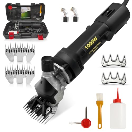 PAT JUUMG Sheep Shears,1000W Professional Heavy Duty Electric Animal Grooming Clippers for Livestock, Horses, Goats, Cattle, with 6-Speed Settings and 2 Detachable Blades for Thick Goats (Black)