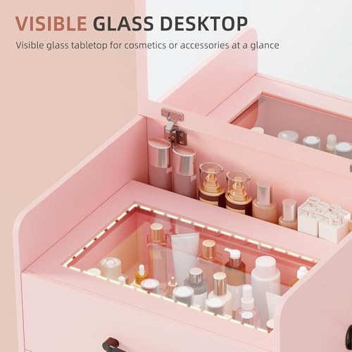 Gurexl 3 in 1 Vanity Desk with Flip Top Mirror for Bedroom,Small Compact Vanity with Visible Glass Desktop for Cloakroom,Makeup Vanity Set with 3 Drawers,Cushioned Stool,Pink