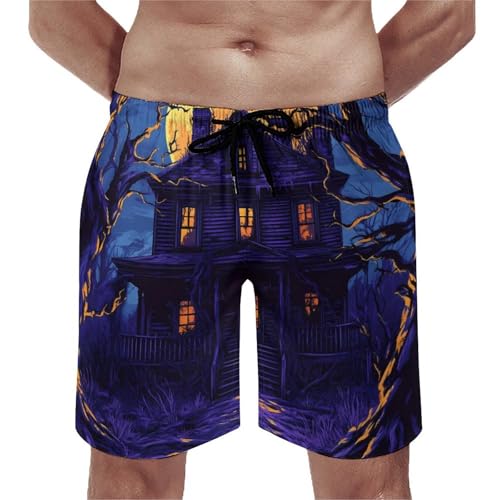 Haunted House and Moon Mens Swim Trunks Quick Dry Beach Swimming Shorts with Mesh Lining and Pockets