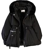 Muzly モッズコート 裏ボア 中綿 レディース コート アウター 冬 厚手 防寒 防風 あったか 大きいサイズ フード付き おしゃれ (JP, アルファベット, XL, ブラック)