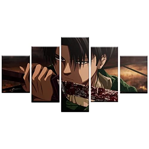 Imprimir sobre Lienzo 5 Piezas Pintura Cinco Dibujo Consecutivas Impresión Moderna Decoración Casera Modular Abstracta Póster con Marco L/150cm×80cm Attack On Titan Blood Levi Ackerman Espada Cover