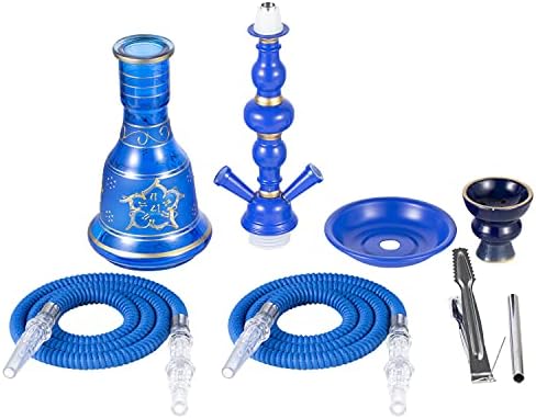 20" Hookah set - 2 Hose Premium Shisha Hookah Kit with Glass Vase, Ceramic Bowl and Coal Tongs Ashtray (Blue)