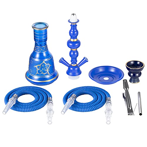 20" Hookah set - 2 Hose Premium Shisha Hookah Kit with Glass Vase, Ceramic Bowl and Coal Tongs Ashtray (Blue)