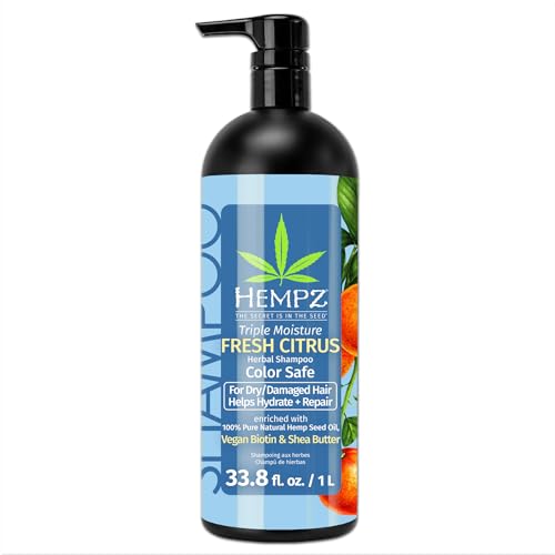 Hempz Biotin Hair Shampoo - Triple Moisture Fresh Citrus - Peach & Grapefruit - For Growth & Strengthening of Dry Damaged and Color Treated Hair Hydrating Softening Moisturizing 33.8 Fl OZ