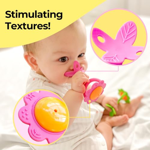 Image of Innobaby Original Teethin' Smart EZ Grip Flower Teether Rattle and Sensory Toy for Babies and Toddlers (2 Pack Green /Pink). BPA Free Teether