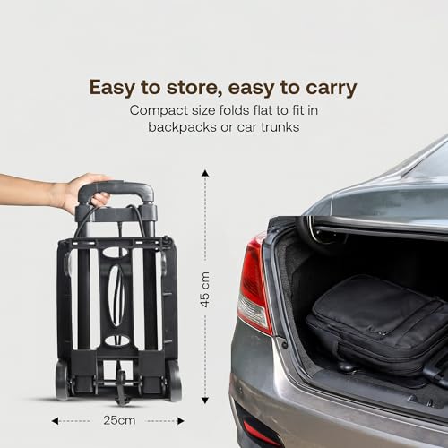 Image of BonKaso 2 Wheels Foldable Travel Luggage Trolley Cart with 35kg Load Capacity | Lightweight Collapsible Hand Truck with Bungee Cord | Portable Luggage Carrier for Travel Office Home Use (Black)