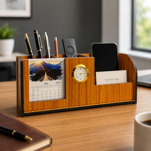 Image of Zesta Wooden Desk Organizer Pen Stand Remote Holder Card Slot | Table Accessory Office Desk Study Room | Pencil Storage Stand Stylish Workspace Decor (Nainteek, Executive)