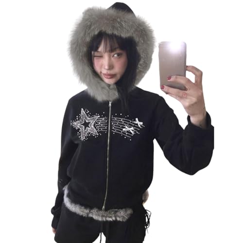 Amazon.com: Hesaco Y2k Zip Up Hoodie Fur Hooded Jacket Graphic