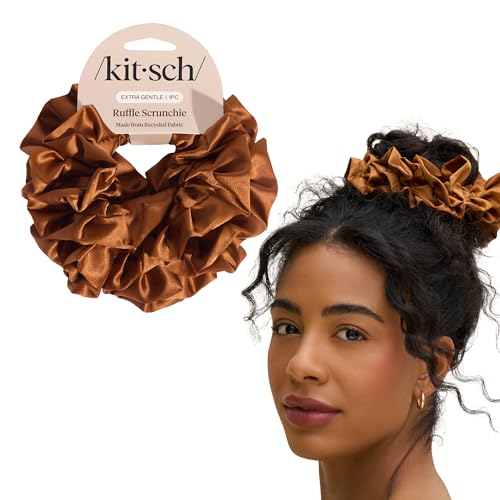 Image of Kitsch Recycled Satin Ruffle Scrunchie - Gentle Hair Scrunchie for Women, Eco-Friendly Hair Tie No Damage, Stylish Ponytail Holder | Ideal Gifts for Women - Camel