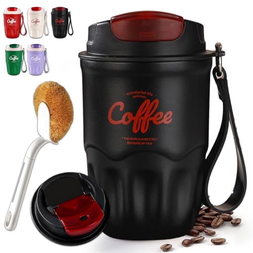 Image of Coffee Vacuum Flask, Portable Coffee Cup with Lid & Handle, Stainless Steel Insulated Water Bottle for Home, Office, and Outdoor Use, Insulated Travel Drinkware, Travel Coffee Mugs (Black,Simple)