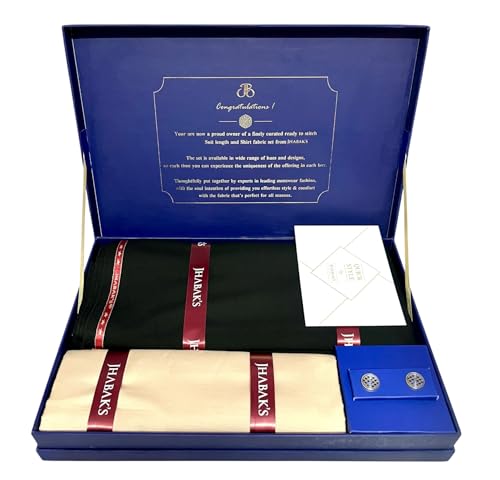 Image of JHABAK'S Men's 100% Pure Cotton Unstitched 1.7 Meters Shirt Piece - 3.25 Meters Suit Fabric Set with Cufflinks (Multicolour, All Weather Fabric, Attractive Box)