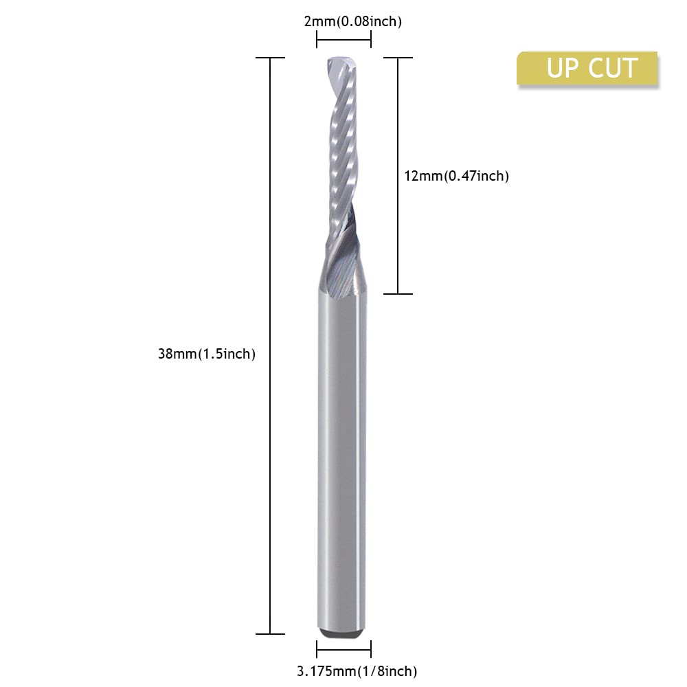 Gambo da 3.175mm, singolo flauto (O flauto) Tagliare a spirale Router Bit Fresa fine,2mm diametro di taglio, 12mm lunghezza di taglio, 38mm OVL per acrilico PVC MDF plastica