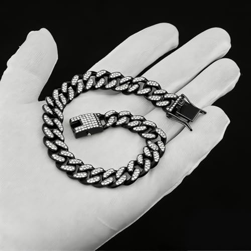 Image of Black Dog Chain Diamond Collar Walking Metal Chain Collar with Design Secure Buckle Pet Collar Jewelry Accessories Dog Necklace for Small Medium Large Dogs Cats (Black, 20inch)
