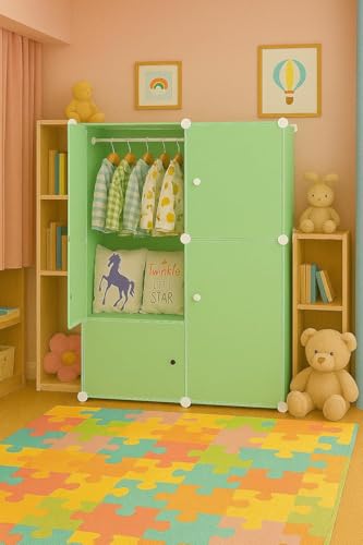 Image of Sunderlook Plastic Wardrobe for Kids Clothes - Professional Collapsible Wardrobe, Easy to Use Foldable Almirah, Plastic Cupboard for Kids for Home (Green-Y3, 6 Door)