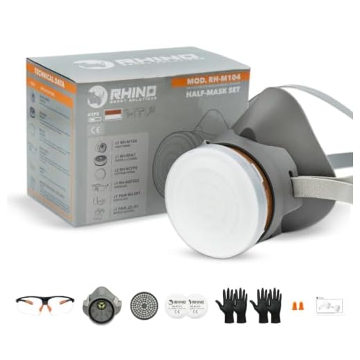 RHINO Smart Solutions Mascara de Gas Reutilizable contra Polvo y Gases de Carbon Activo | Mascarilla Pintura con Filtro A1, Guantes, Gafas de Proteccion Bricolaje, Lijado, Construcción, Antipolvo