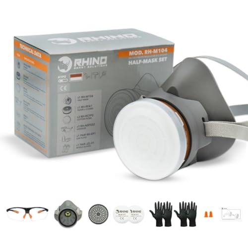 RHINO Smart Solutions Mascara de Gas Reutilizable contra Polvo y Gases de Carbon Activo | Mascarilla Pintura con Filtro A1, Guantes, Gafas de Proteccion Bricolaje, Lijado, Construcción, Antipolvo