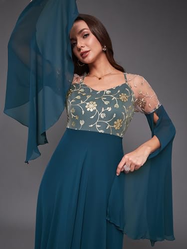 Image of Miss Chase Women's Round Neck Sleeve Embellished Fit Flare Maxi Dress