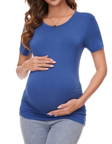 Brynmama Camiseta Básica de Maternidad de Manga Corta con Pliegues Blusa Cómoda de Verano para Embarazo para Mujer Azul Vaquero, M