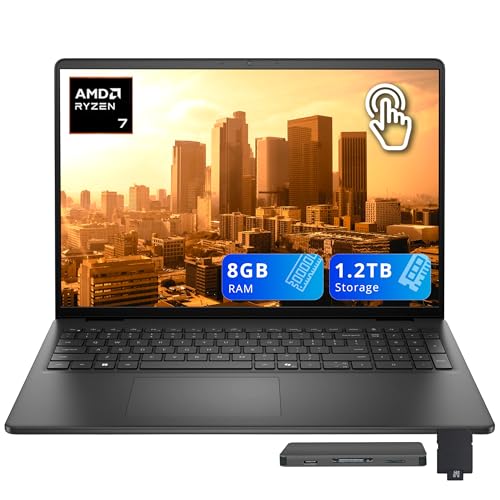 Image of Dell 16 inch FHD+ Touchscreen Business Laptop, AMD Ryzen 7 250, 8GB RAM, 1.2TB Storage(256GB SSD+1TB Docking Station Set), AMD Radeon Graphics, Backlit Keyboard, Webcam, Wi-Fi 6, Win 11, Black