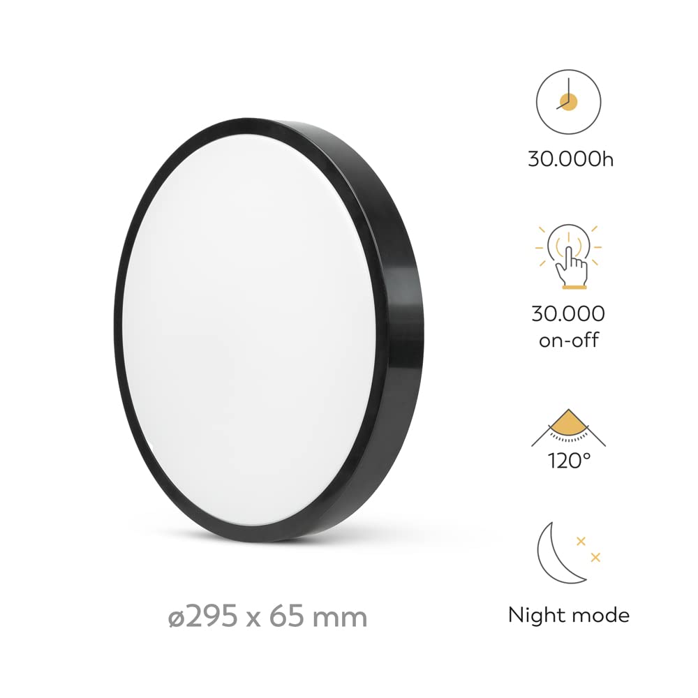 Garza - Plafón LED Techo con Control Remoto, 24 W 2500 lm, Intensidad y Temperatura de Color Regulables 2700K-6500K, Impermeable IP44, Temporizador de Apagado, Redondo 295 x 65 mm, Negro