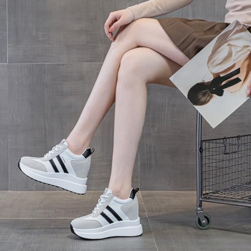 Image of AONEGOLD Platform Sneakers High Hidden Heel Sneakers for Women Wedge Leather Upper Fashion Lace up Increasing 3.94 inch