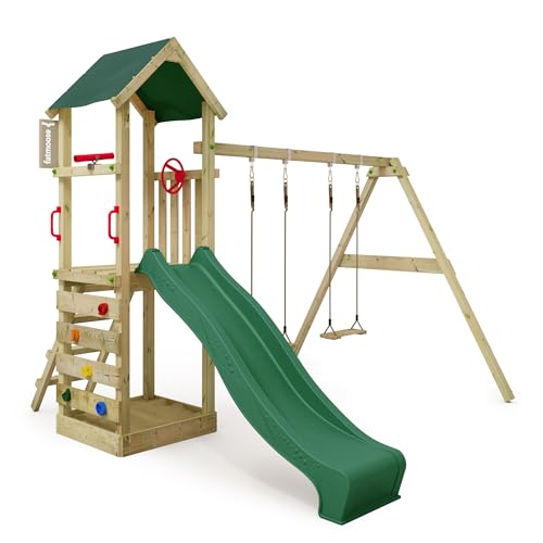 Fatmoose Aire de Jeux KiwiKey Kick XXL avec Balançoire, Toboggan Double Vague, Bac à Sable, Échelles d'escalade, Volant, Télescope SpecialSpy, en Bois Massif Imprégné pour Jardin - Vert