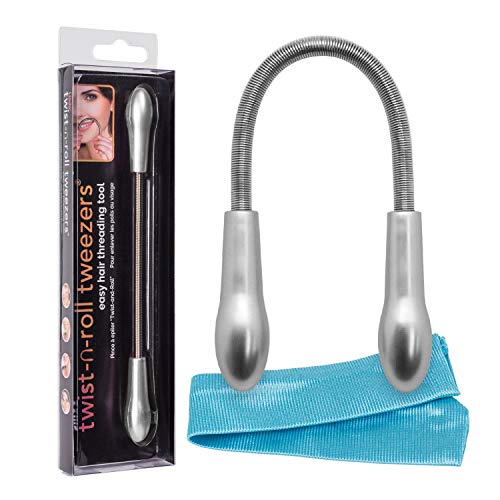Lindo Twist-N-Roll Tweezer - Spring Facial Hair Removal Tool, Natural Threading, Stainless Steel, Remove Unwanted Hair on Upper Lip, Chin, Cheek, and Neck, Travel Pouch Included (Silver)