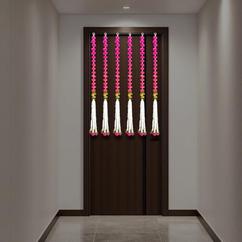 Image of iHandikart Decorative Pack of 2 Pink Pom-Pom Wall Hanging, 39 Inch Long Pom-Pom & Beads Strings for Home, Balcony & Festive Decor, Ideal Entrance Decoration & Housewarming Gift (RK-155-2-Pink)
