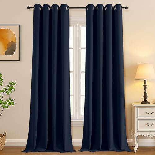 Image of Simplebrand Navy Blue Room Darkening Curtains for Bedroom Living Room 108 Inches Long 2 Panels Set, Thermal Insulated Curtains & Drapes, Solid Grommet Noise Reducing Window Treatment, W50 x L108 Inch