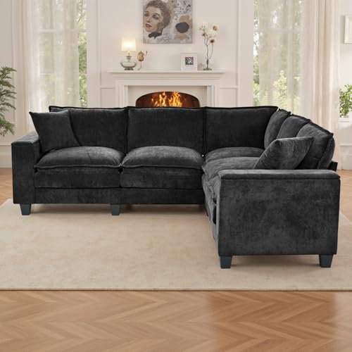 Image of 97 inch L Shaped Couch Corner Sofa, 5 Seater Oversized Cloud Couch with 2 Pillows Chenille Modular Sectional Sofa Armrests with Two Hidden Storage Space Sectional Couches for Living Room Black