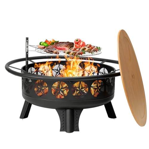 Verdeluxe 38” Wood Burning Fire Pits for Outside,3-in-1 Fire Pit with Grill, Spark Screen & Fire Poker,Outdoor Firepit Table with Swivel Cooking Grate for Yard BBQ Bonfire Patio Camping (38 inch)