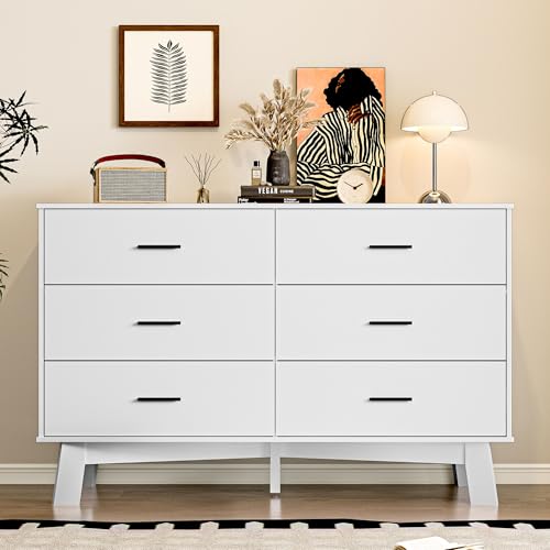 Image of BORNOON Dresser for Bedroom with 6-Drawer, 47.2 inch Modern Chest of Drawers with Metal Handles, X-Shape Base & Adjustable Center Leg, Anti-Tip Closet Organizers and Storage