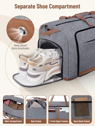 Image of Lekesky Foldable Travel Duffel Bag for Women, 60L Large Duffle Bag with Separate Shoes Compartments & Straps, Carry On Weekend Bag for Women, Hospital, Overnight(Grey)