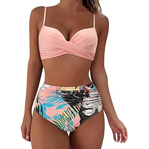 Swimwear for Women Sexy High Waist Halter Neck Bikini Set Women's Solid Top Printed Bottom Swimsuit Bikini Swimwears Tankinis Set Women'S Bikini & Briefs Pink Bikini Underwired Tankini Tops Cover