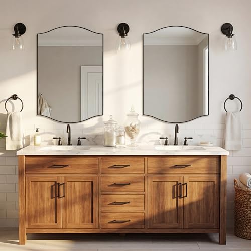 Image of ANDY STAR 26 inchx38 inch Scalloped Mirror for Bathroom,Matte Black Rectangle Wall Mirror with Curved Edge Stainless Steel Metal Frame, Wall-Mounted Mirror for Bathroom, Entryway, Living Room