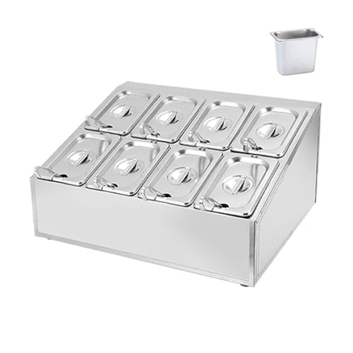Stazione per pizza con padelle e coperchi, dispenser inclinato in acciaio inox per portaspezie, condimenti, salse, insalata, marmellata, frutta e ingredienti
