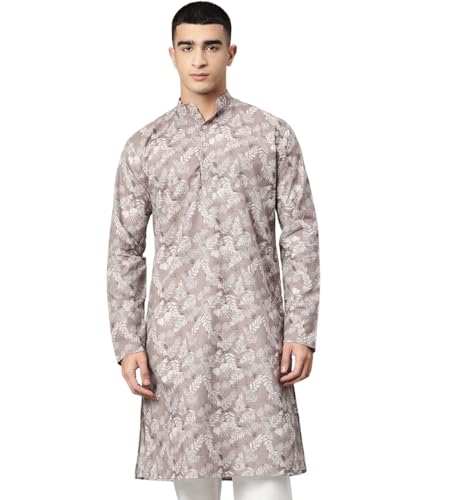 Image of Majestic Man Men's Regular Fit Ethnic Motifs Printed Pure Cotton Long Kurta with Mandarin Collar & Full Sleeves