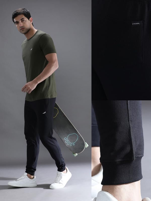 Image of CROCODILE Men Solid Ankle Length Joggers | French Terry Cotton | Drawstring Waist | 3 Pockets