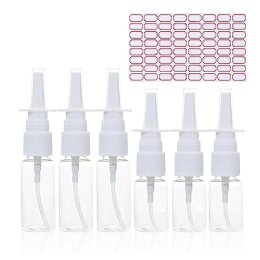 MEMOFYND Lote de 6 botellas de spray nasal de 10 ml, 20 ml, con 64 etiquetas, pulverizador de lactancia, nebulizador, botella cosmética para solución salina, aceite esencial, loción, etc.
