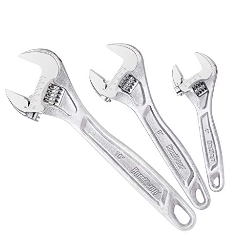 HURRICANE Wide Jaw Opening 3-Piece Heavy Duty WideAzz Adjustable Wrench Set–Drop Forged Heat Treated Chrome Vanadium Steel, 6-inch, 8-inch, 10-inch