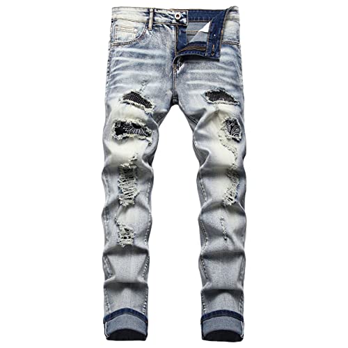 Men's Patch Ripped Torn Jeans Biker Zipper Deco Washed Straight Denim Pants Regular Straight Pleated Patch Fit Jeans