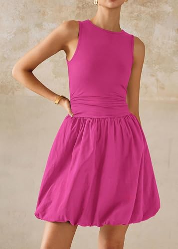 Image of KIRUNDO Summer Dresses for Women 2026 Cute Mini Sleeveless Bubble Dress | Stretchy Ruched Front Cinched Waist, Woven Balloon Skirt, Crewneck Tank Sundress With Pockets, Casual Party Vacation Outfits