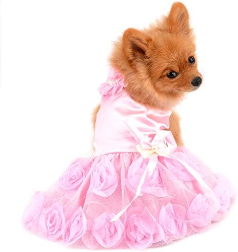 PAIDEFUL Pet Dress for Small Dog Girls Luxury Puppy Wedding Dress Rose Flower Lace Tutu Skirt Silky Bow Birthday Party Dog Clothes,Pink,Size S