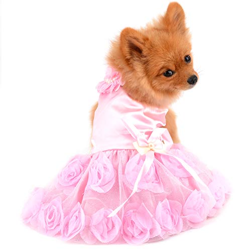 PAIDEFUL Pet Dress for Small Dog Girls Luxury Puppy Wedding Dress Rose Flower Lace Tutu Skirt Silky Bow Birthday Party Dog Clothes,Pink,Size S