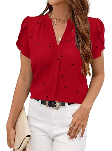 Avanova Women Heart Print Tulip Short Sleeve Shirt Blouse Notched V Neck Work Top4