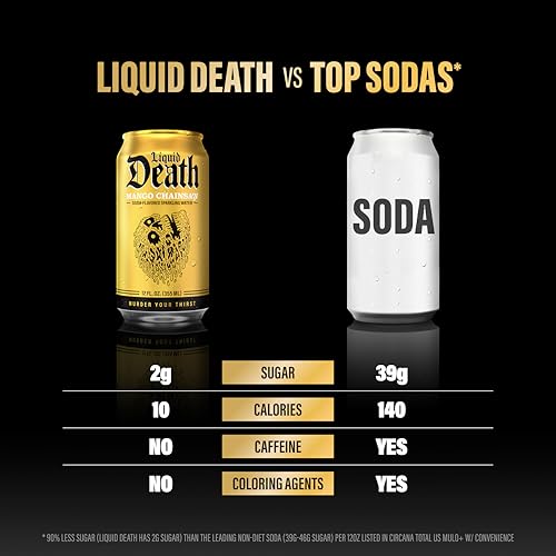 Image of Liquid Death Soda-Flavored Sparkling Water - Mango Chainsaw (Mango Orange), Less Sugar*, Huge Flavor, No Caffeine, No Artificial Sweeteners, 12 Fl Oz (Pack of 12)