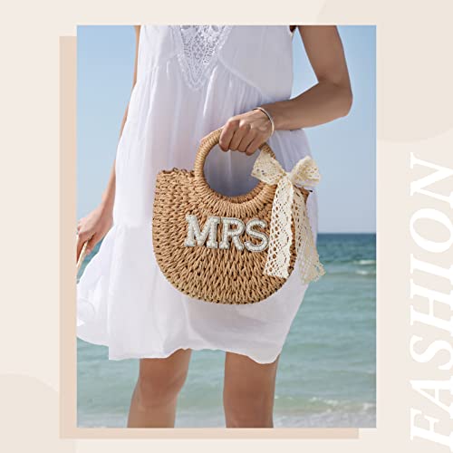 Image of Pinkunn Bride Gift Bride Straw Purse Mrs Handwoven Bag Rhinestone Letter Bag Bachelorette Honeymoon Wedding Bridal Shower