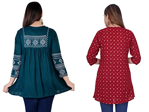 Image of Shiva Fab Short Kurti for Women | Embroidered Straight Rayon Kurta | Round Neck Full Sleeves Short Kurti for Women's Combo Pack of 2