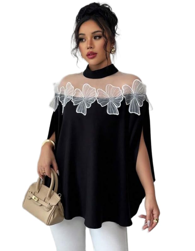 Women Black Sheer Neckline Blouse with White Floral Embroidery Slit Sleeves Regular Fit Top Parties and Sophisticated Modern Styling - Black-image-20