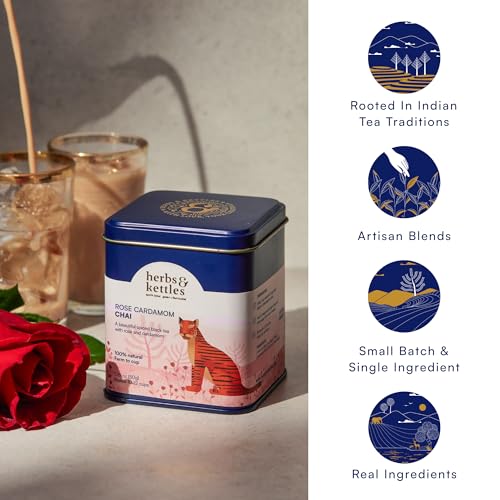 Image of Herbs & Kettles Chai - Rose Cardamom | Assam Black Tea with Rose Petals, Green Cardamom, Ginger, Cinnamon & Cloves | Floral Loose Leaf Blend | Makes 10-14 Servings | Premium Gift for Tea Lovers